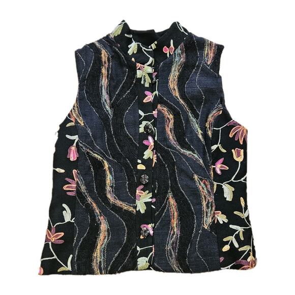 Vtg Embroidered Floral Vest Womens S Black Wool Silk Multi Cottagecore Button Up - Picture 1 of 9